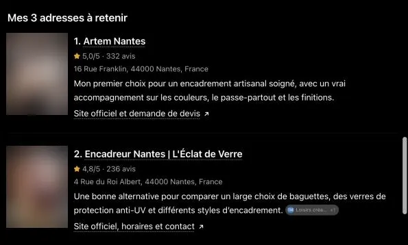 Capture de la réponse de ChatGPT : trois encadreurs nantais, avec leur note Google, leur nombre d’avis et leur adresse